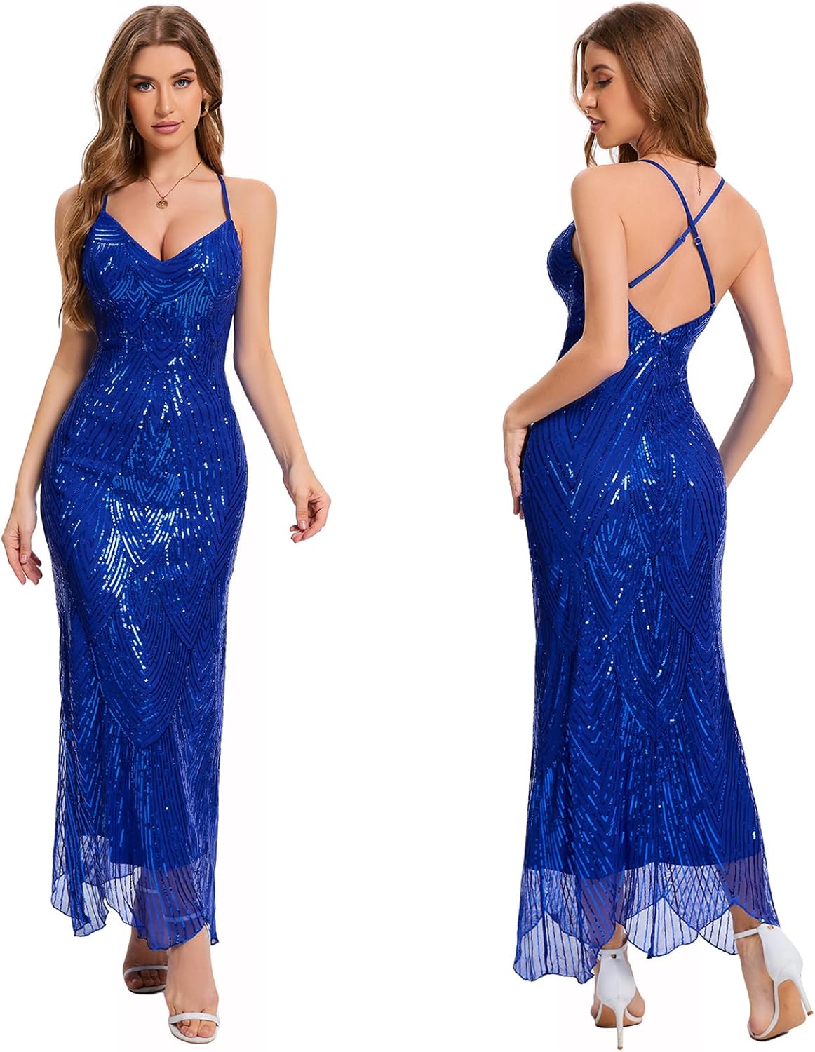 Women's V Neck Spaghetti Straps Sequin Sparkly Glitter Irregular Hem Prom Dress Bcakless Maxi Evening Gowns - Image 6