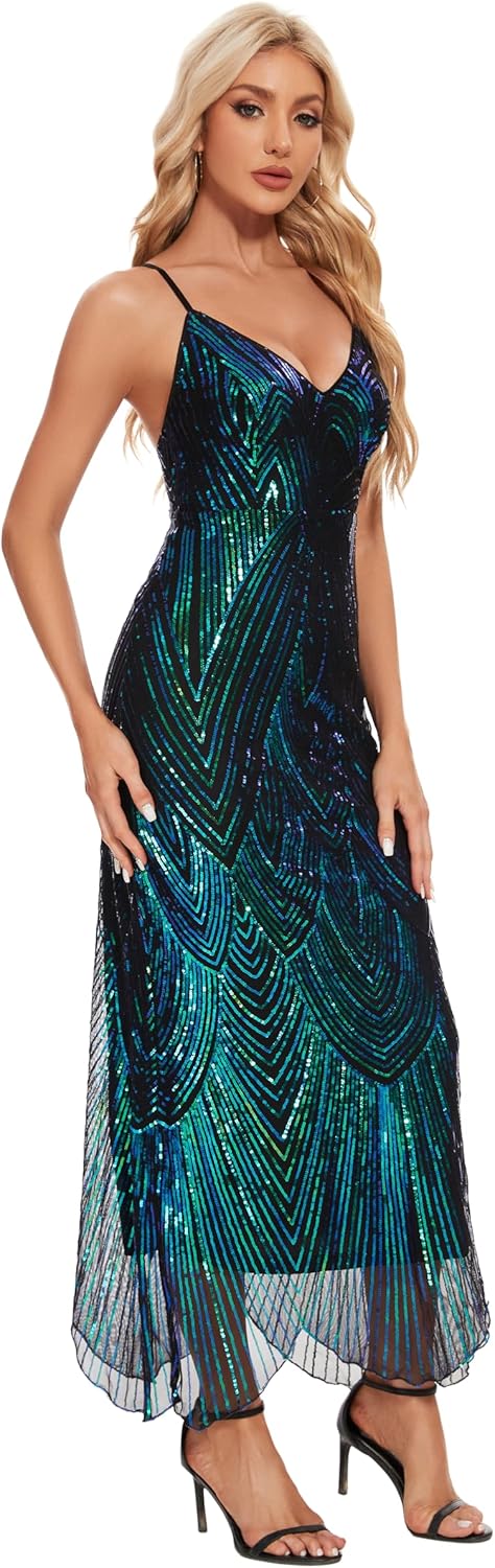 Women's V Neck Spaghetti Straps Sequin Sparkly Glitter Irregular Hem Prom Dress Bcakless Maxi Evening Gowns - Image 2