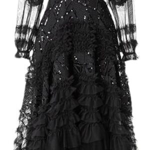 Women's Vintage Sequins Mesh Maxi Dress Beading Embroidery Lantern Sleeve Evening Party Formal Dresses