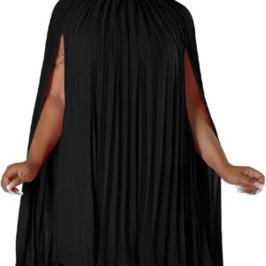 Women\u2019s Casual Cape Sleeve Pleated Split Short Dress Loose Fit Cocktail Party Flowy Dress