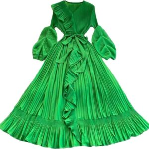 Women\u2019s Dresses Pleated Ruffles Lace Up V Neck Casual Full Sleeve A Line Evening Evening Dress for Party