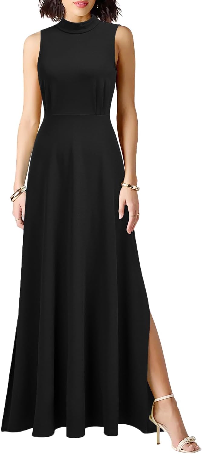 WOOSEA Women Sleeveless High Neck Split Evening Cocktail A-Line Long Dress
