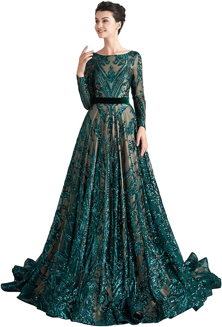 WOWBRIDAL Women's Sequin Evening Dress Luxurious Chapel Train Prom Dress Gowns