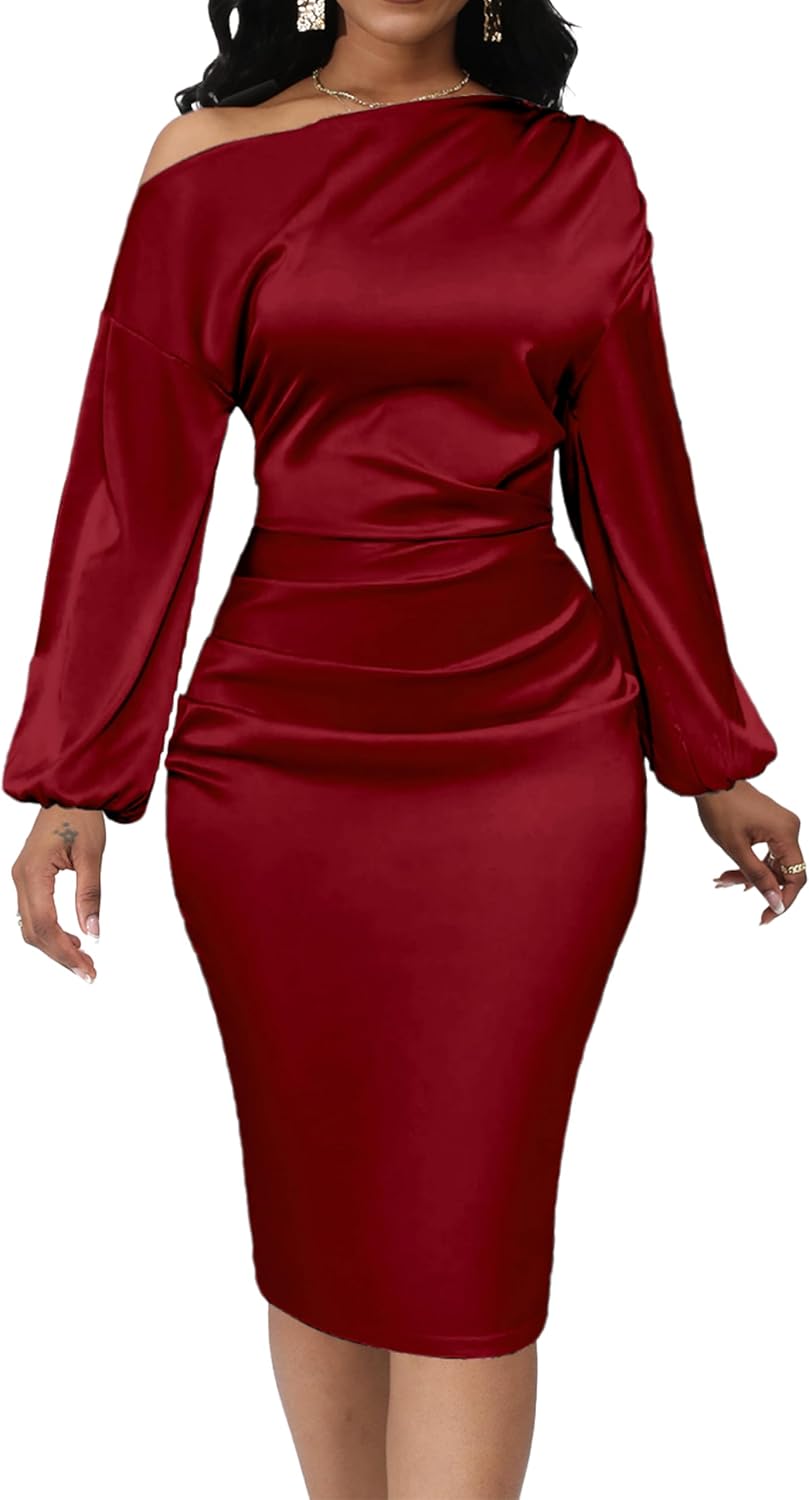 Yiershu Women's Sexy Fall Off Shoulder Bodycon Dress Elegant Long Sleeve Formal Cocktail Party Midi Maxi Dresses - Image 9