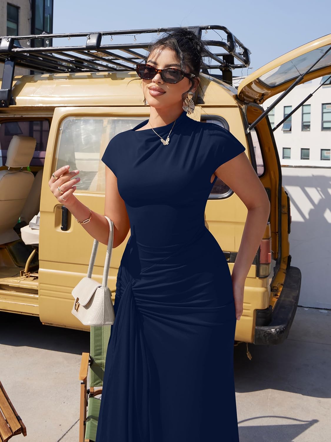 YMDUCH Women's Casual Short Sleeve Boat Neck Ruched High Split Bodycon Long Party Dress - Image 6