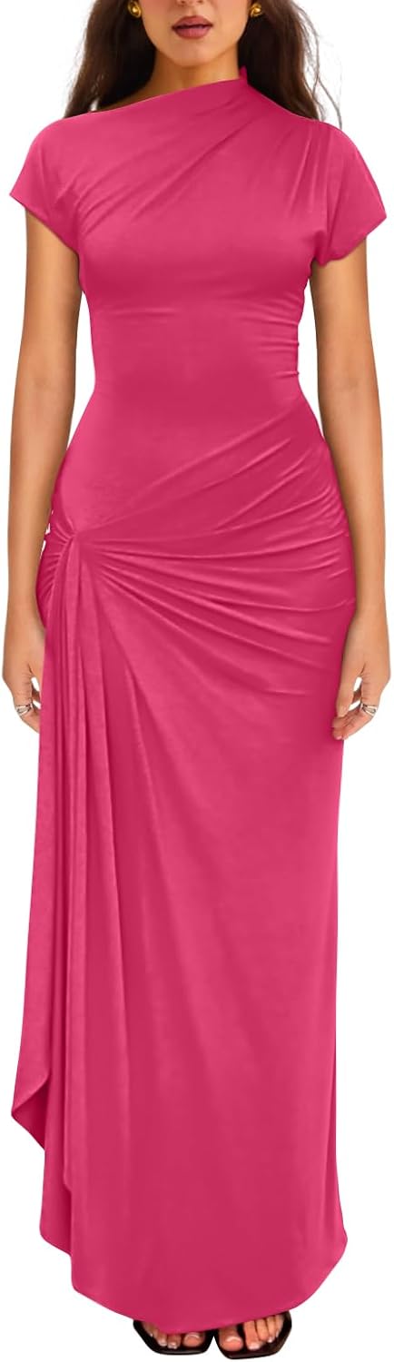 YMDUCH Women's Casual Short Sleeve Boat Neck Ruched High Split Bodycon Long Party Dress - Image 13