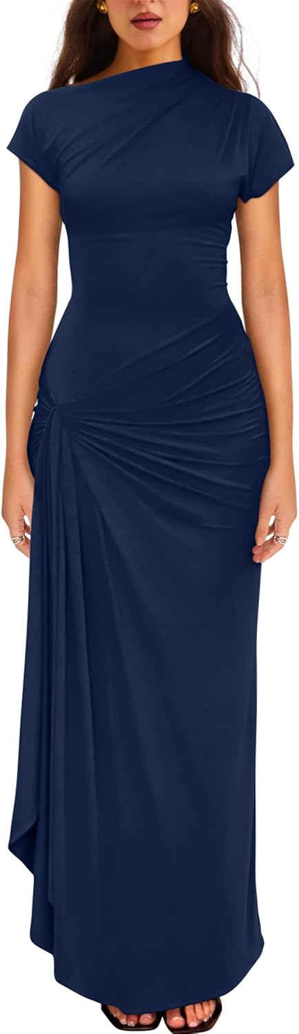 YMDUCH Women's Casual Short Sleeve Boat Neck Ruched High Split Bodycon Long Party Dress