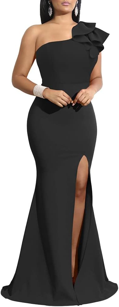 YMDUCH Women's Sexy Sleeveless One Shoulder Ruffle High Split Party Evening Long Formal Dress