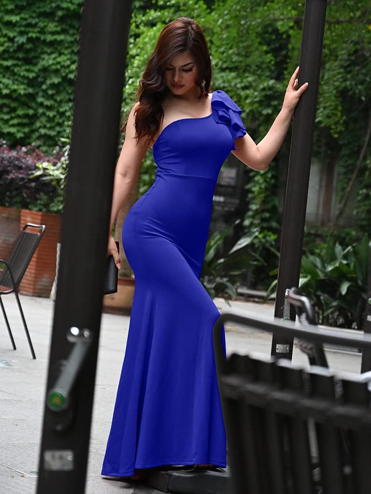 YMDUCH Women's Sexy Sleeveless One Shoulder Ruffle High Split Party Evening Long Formal Dress - Image 3