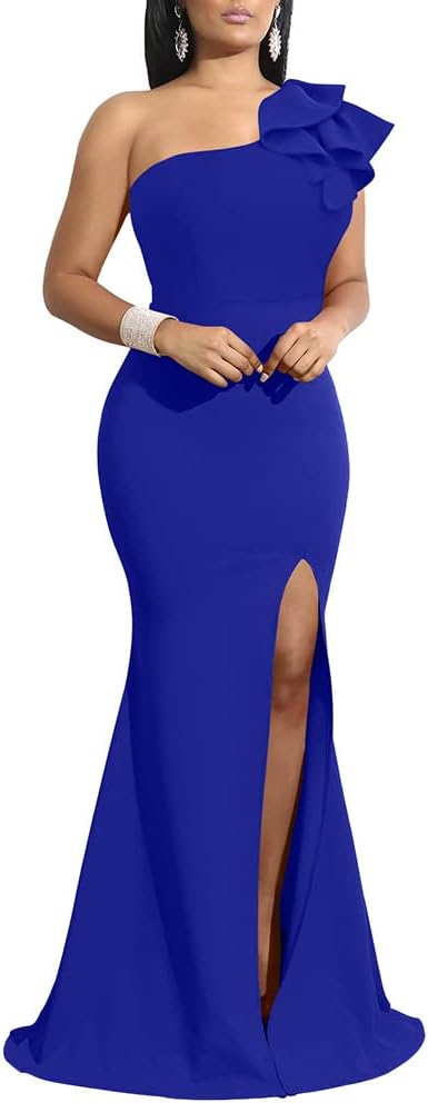YMDUCH Women's Sexy Sleeveless One Shoulder Ruffle High Split Party Evening Long Formal Dress
