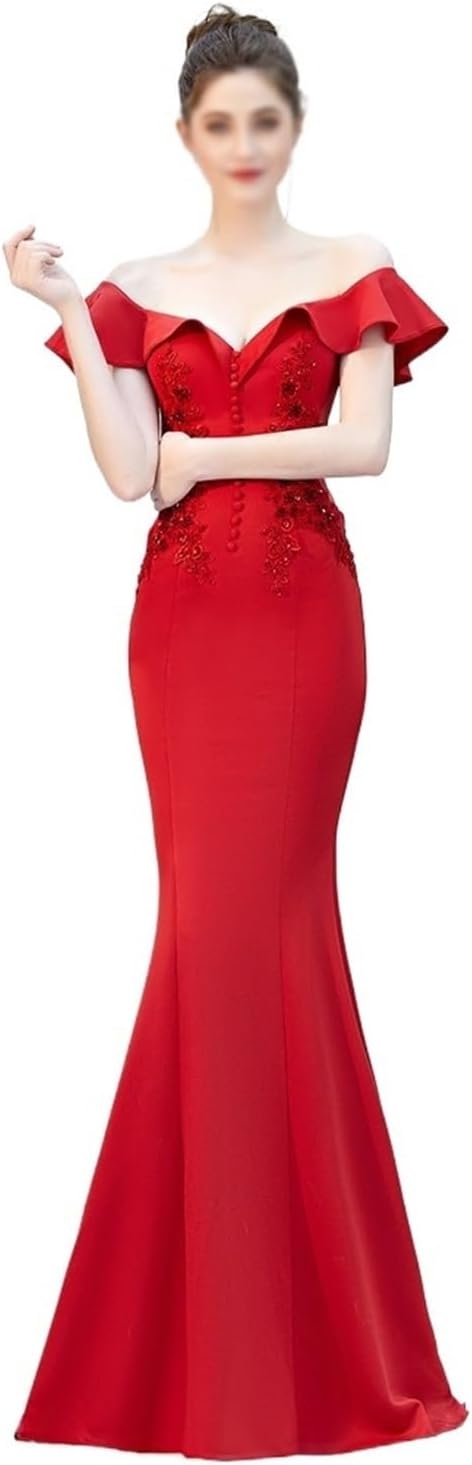 YMGSCC Slim-fit Dress Wedding Evening Dress Ladies Toasting Wedding Long Dress Word Shoulder Appreciation Banquet(X-Large)