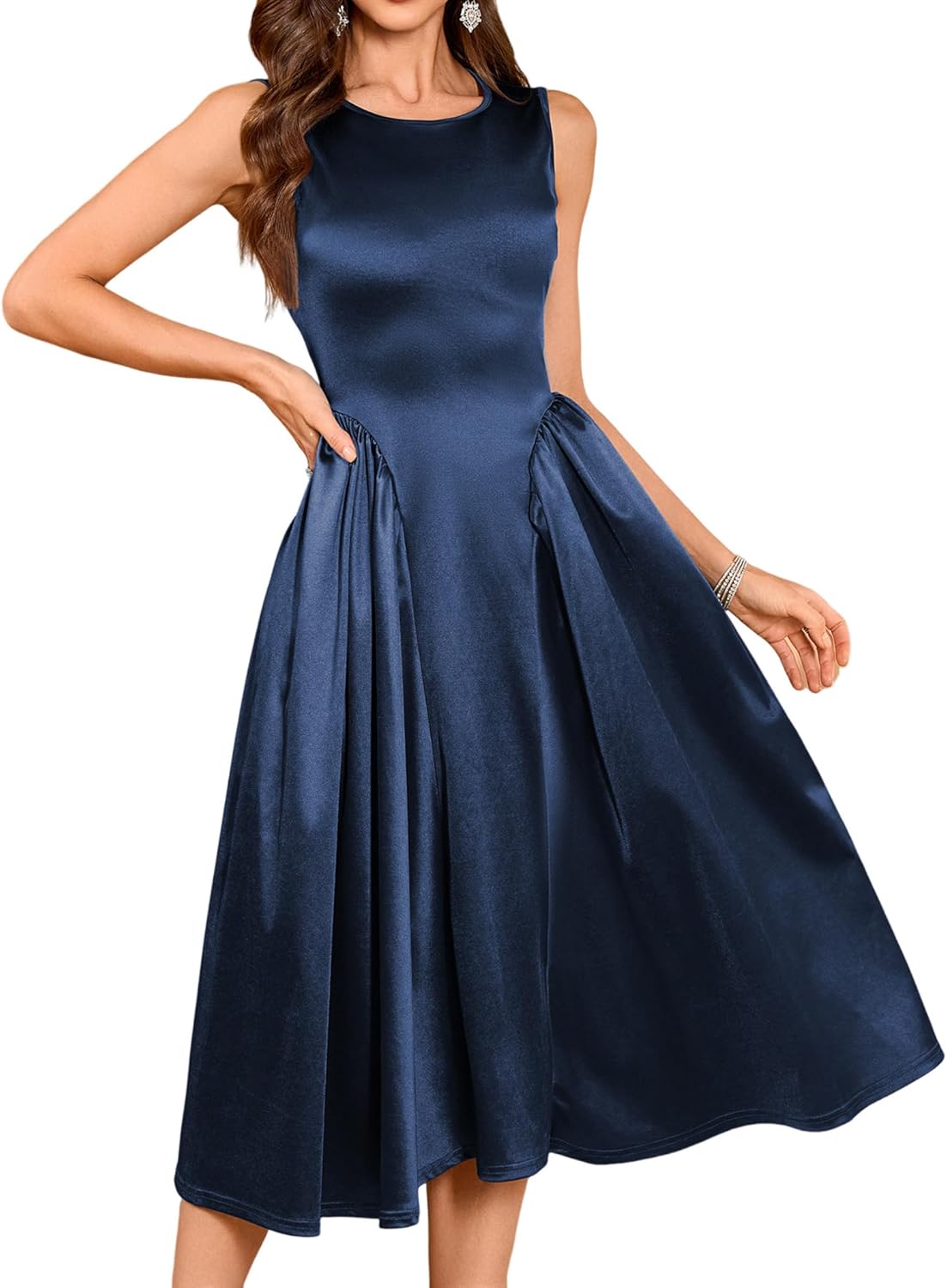 ZAFUL Satin Formal Dress for Women Sleeveless A Line Flowy Wedding Guest Dress Boat Neck Prom Cocktail Party Midi Dresses - Image 8