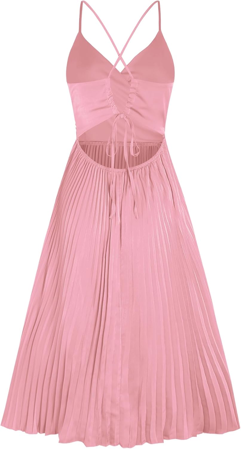 ZAFUL Womens Satin Sexy Backless Wrap V Neck Sleeveless Spaghetti Strap Pleated Flowy Party Midi Dress - Image 7