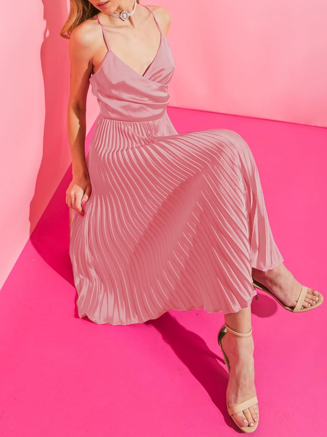 ZAFUL Womens Satin Sexy Backless Wrap V Neck Sleeveless Spaghetti Strap Pleated Flowy Party Midi Dress - Image 5