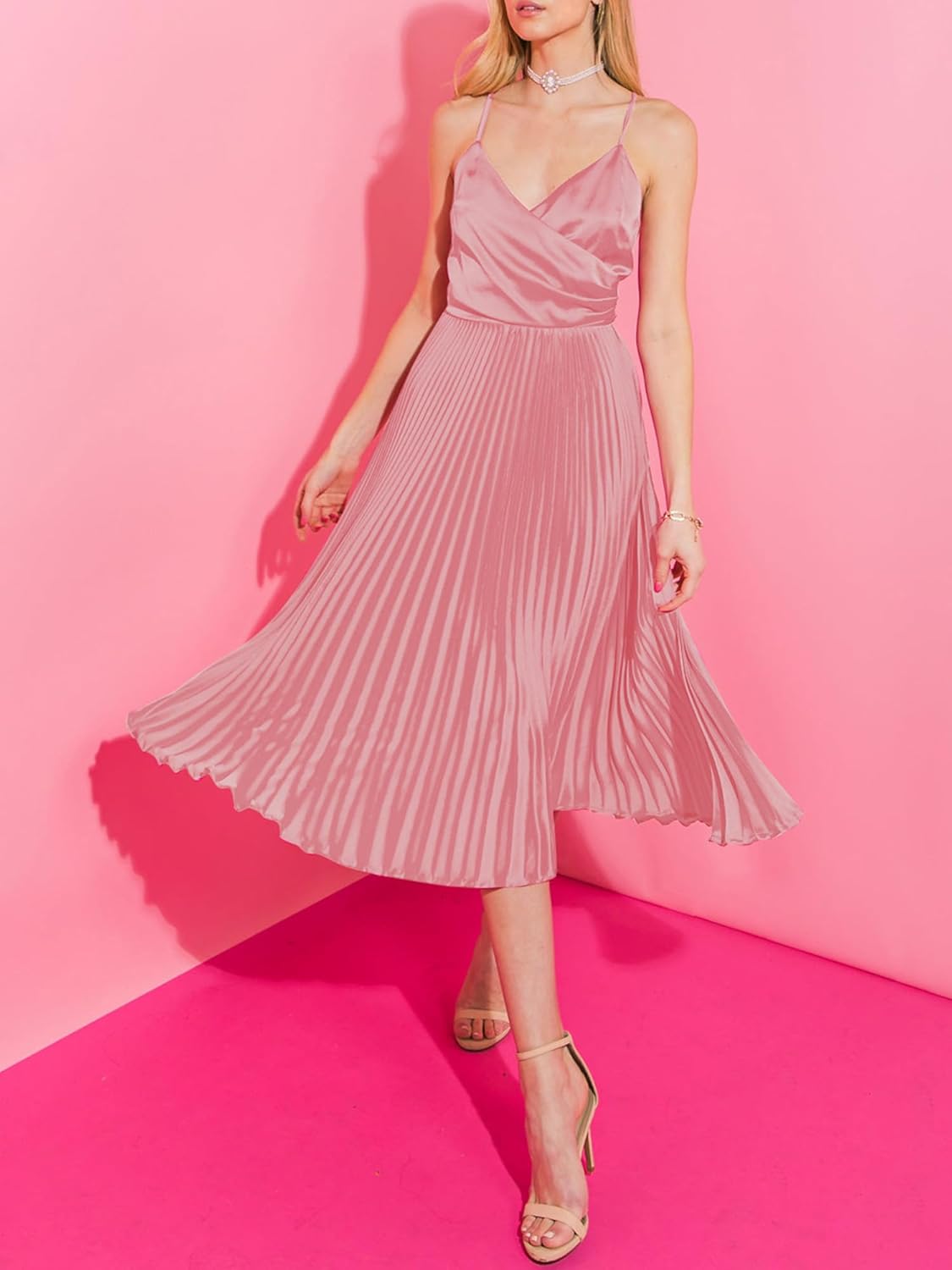 ZAFUL Womens Satin Sexy Backless Wrap V Neck Sleeveless Spaghetti Strap Pleated Flowy Party Midi Dress - Image 4