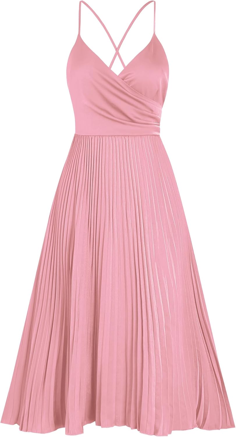ZAFUL Womens Satin Sexy Backless Wrap V Neck Sleeveless Spaghetti Strap Pleated Flowy Party Midi Dress - Image 6