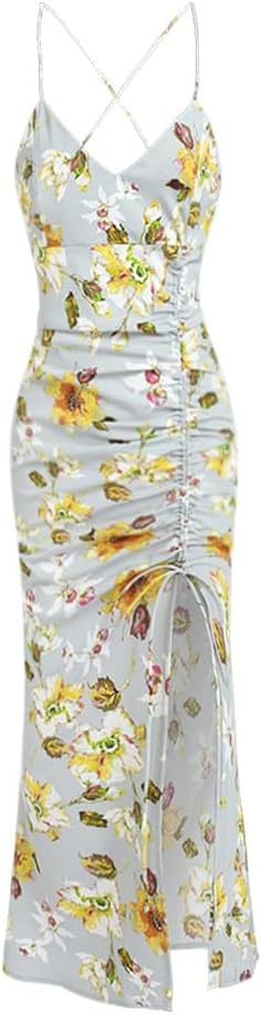 ZAFUL Womens Summer Floral Spaghetti Midi Dresses 2025 Sexy V Neck Sleeveless Drawstring Ruched Split Backless Cocktail Dress