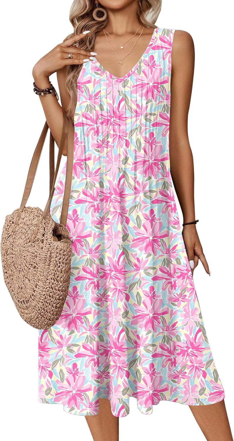 Zeagoo Women Summer Casual Dress 2025 Sleeveless Midi Swing Tank Sundress with Pockets V Neck A Line Pleated Tshirt Dress - Image 16