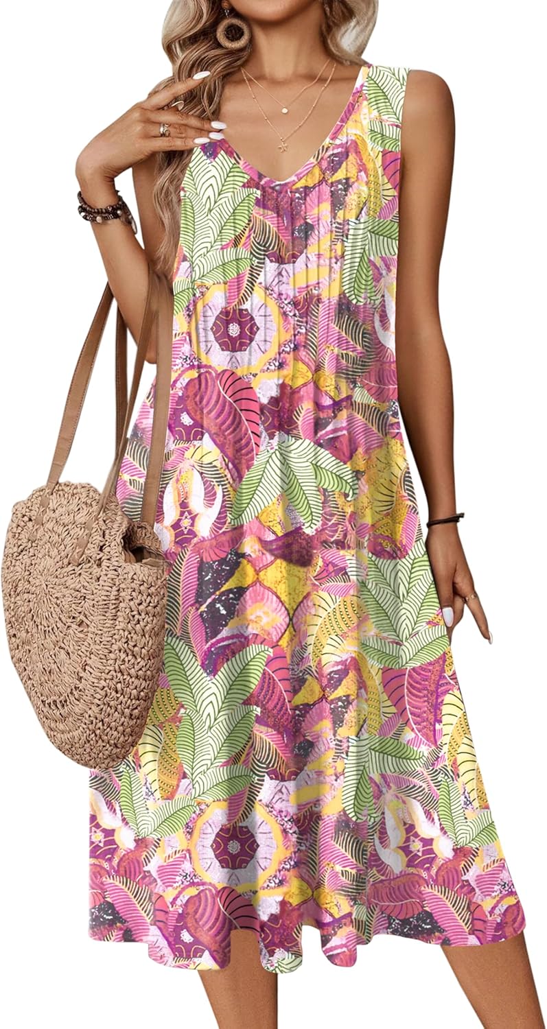 Zeagoo Women Summer Casual Dress 2025 Sleeveless Midi Swing Tank Sundress with Pockets V Neck A Line Pleated Tshirt Dress - Image 7