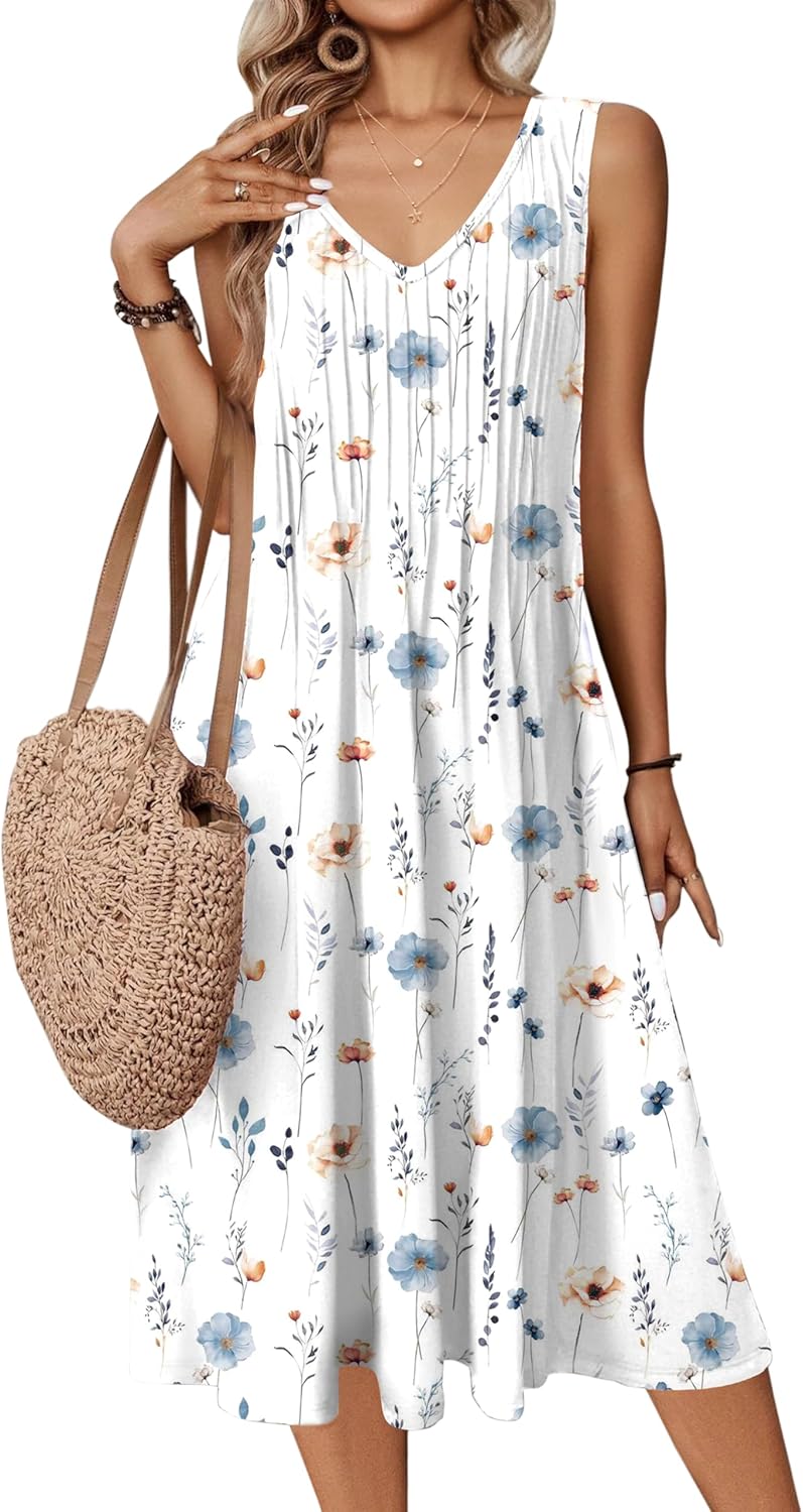 Zeagoo Women Summer Casual Dress 2025 Sleeveless Midi Swing Tank Sundress with Pockets V Neck A Line Pleated Tshirt Dress