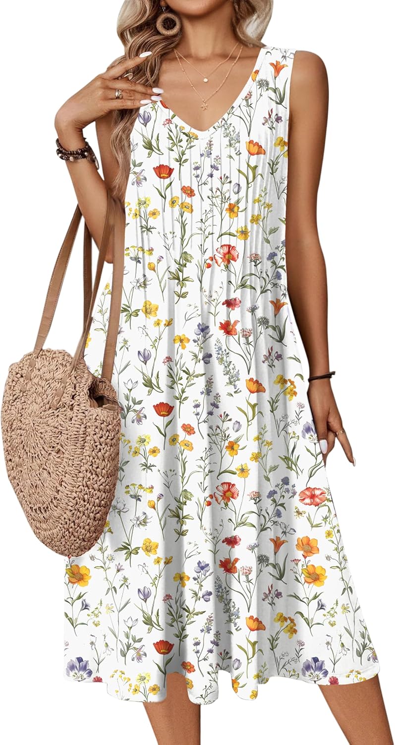 Zeagoo Women Summer Casual Dress 2025 Sleeveless Midi Swing Tank Sundress with Pockets V Neck A Line Pleated Tshirt Dress - Image 15