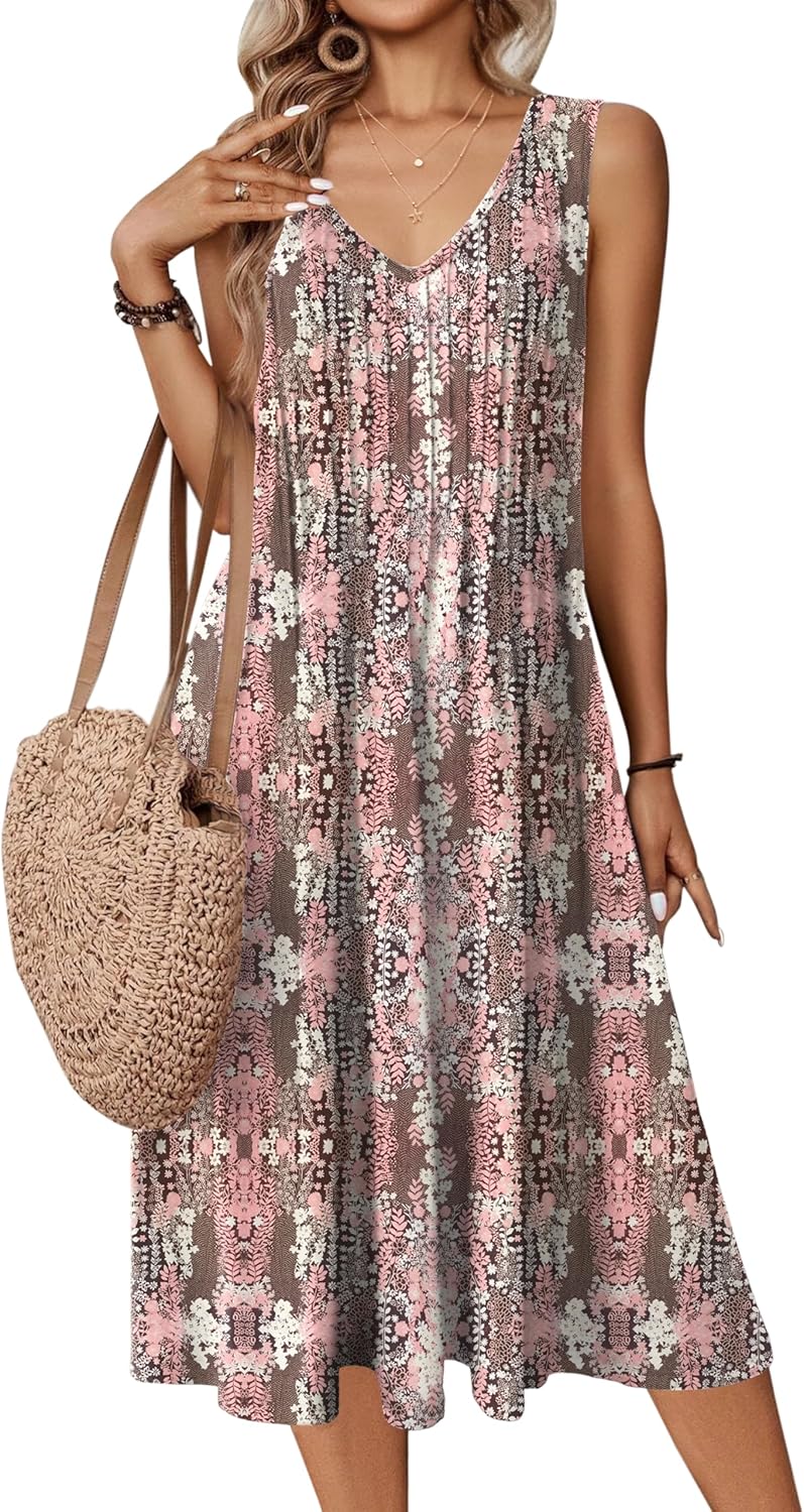 Zeagoo Women Summer Casual Dress 2025 Sleeveless Midi Swing Tank Sundress with Pockets V Neck A Line Pleated Tshirt Dress - Image 8