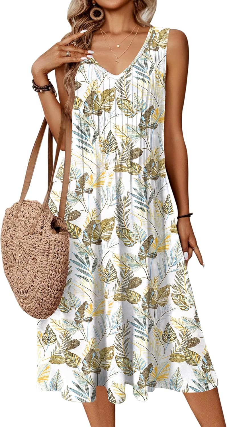 Zeagoo Women Summer Casual Dress 2025 Sleeveless Midi Swing Tank Sundress with Pockets V Neck A Line Pleated Tshirt Dress - Image 18