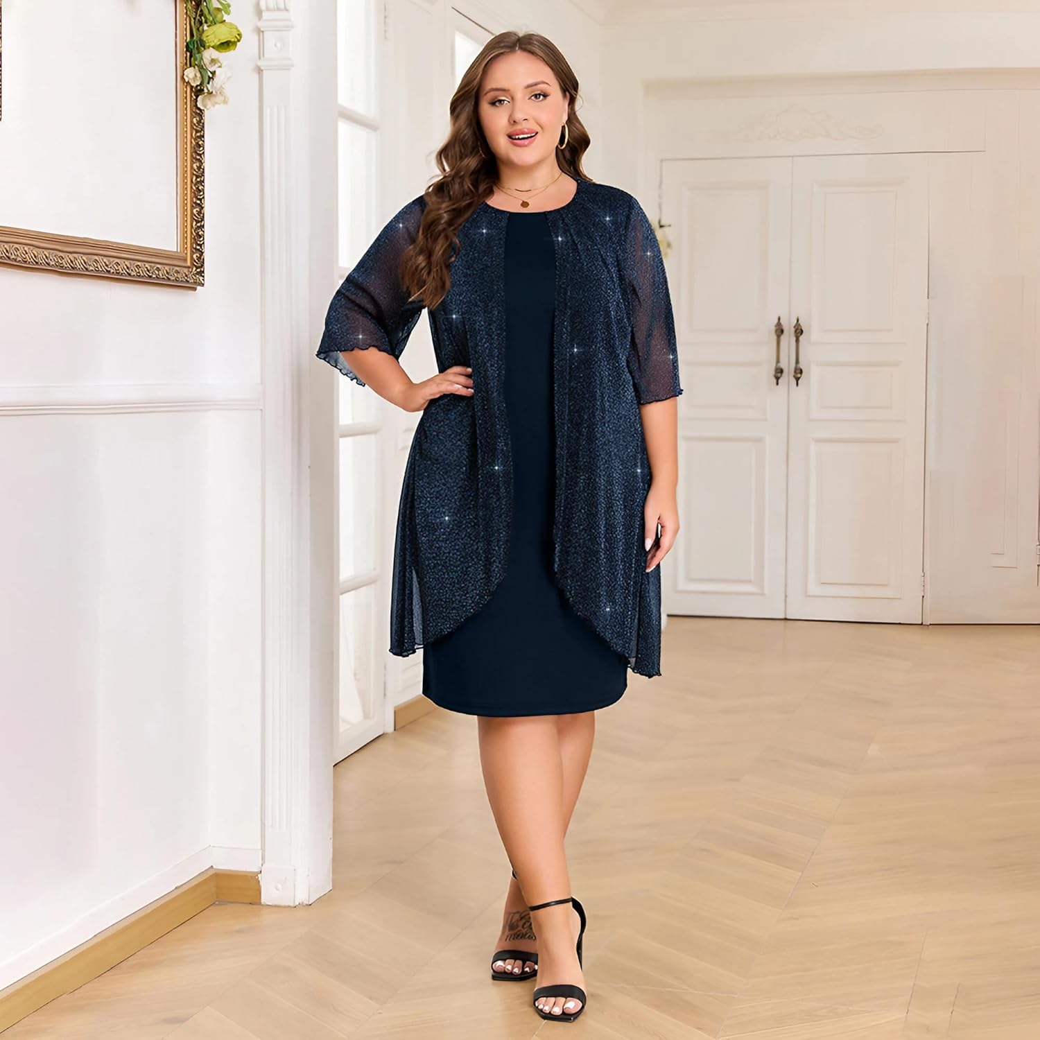 ZNU Plus Size Women Elegant Wedding Guest Mesh Dress Formal Gowns - 2025 Cocktail Party Midi Dress Half Sleeve - Image 4