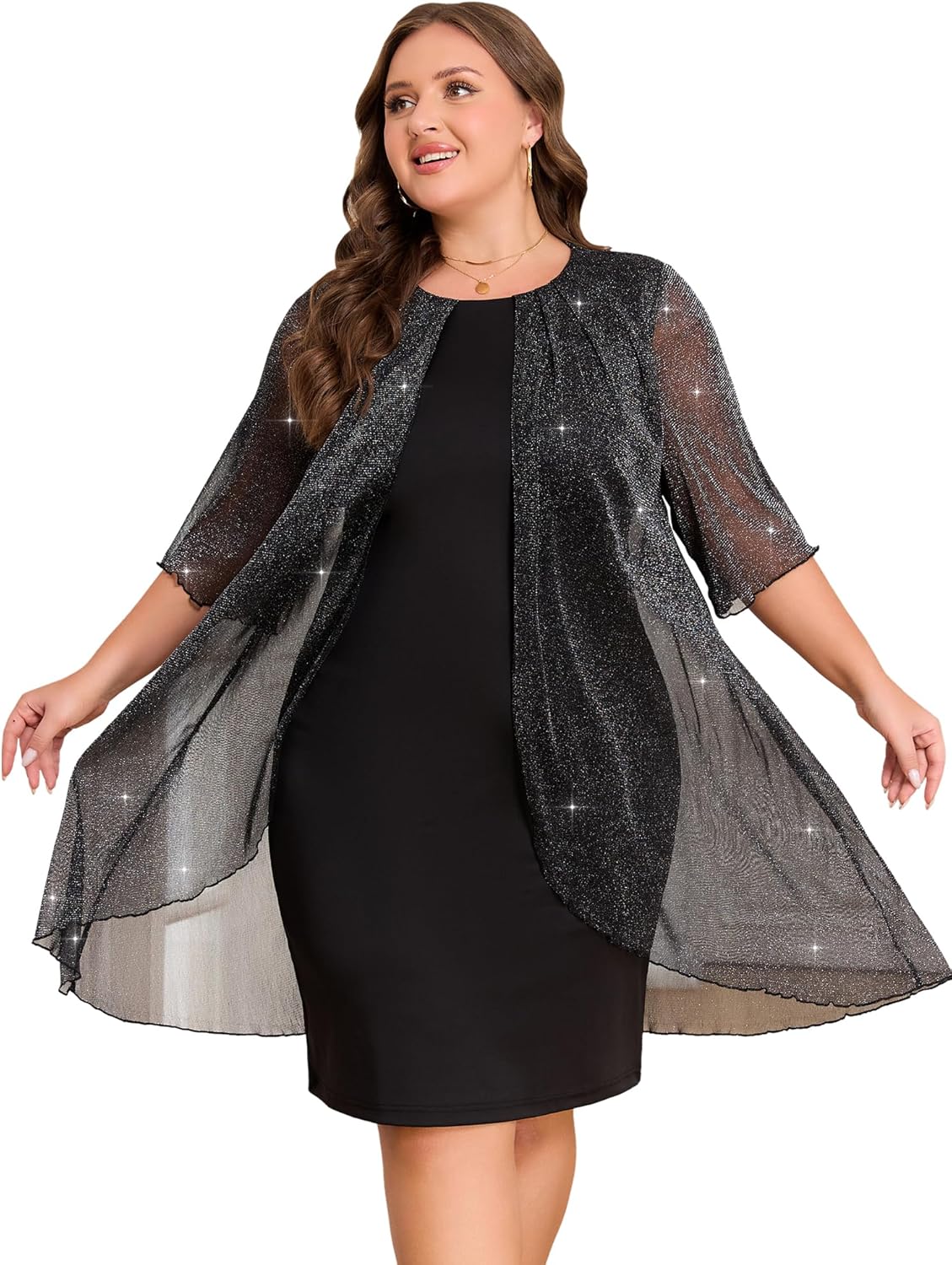 ZNU Plus Size Women Elegant Wedding Guest Mesh Dress Formal Gowns - 2025 Cocktail Party Midi Dress Half Sleeve - Image 10