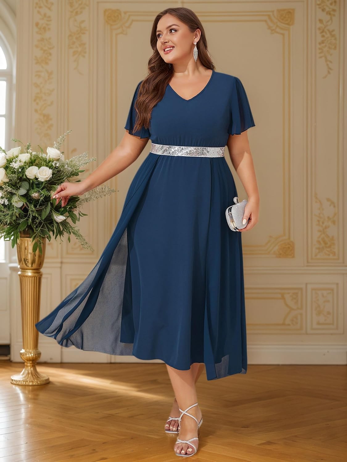 ZNU Women Plus Size Chiffon Evening Gown Sequins Dress, Elegant Formal Party Cocktail Dresses for Weddings Guest - Image 4